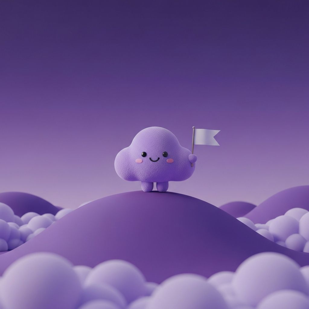 Couchy mascot on a summit holding a flag